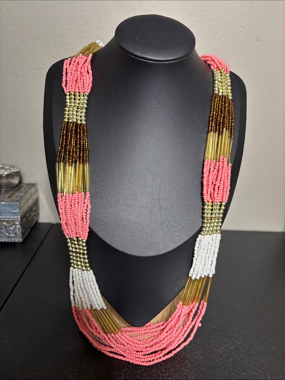 Handmade Coral Glass Beaded Multi-Strand Long Boho Statement Necklace